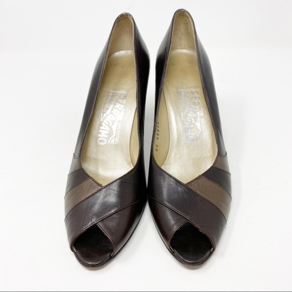 Salvatore Ferragamo Peep Toe Heels Brown 8 - Picture 2 of 10